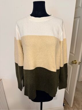 J. Crew Beige, White & Olive Colorblock Crewneck Sweater